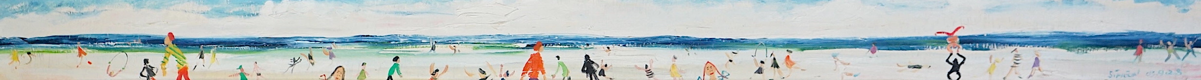 Simeon Stafford (English, b.1956), 'Beach scene 2003', oil on board, 9 x 120.5cm